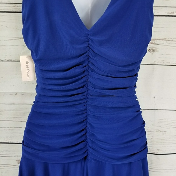 DRESSBARN sleeveless draped neck blue ruched dress - Picture 5 of 7